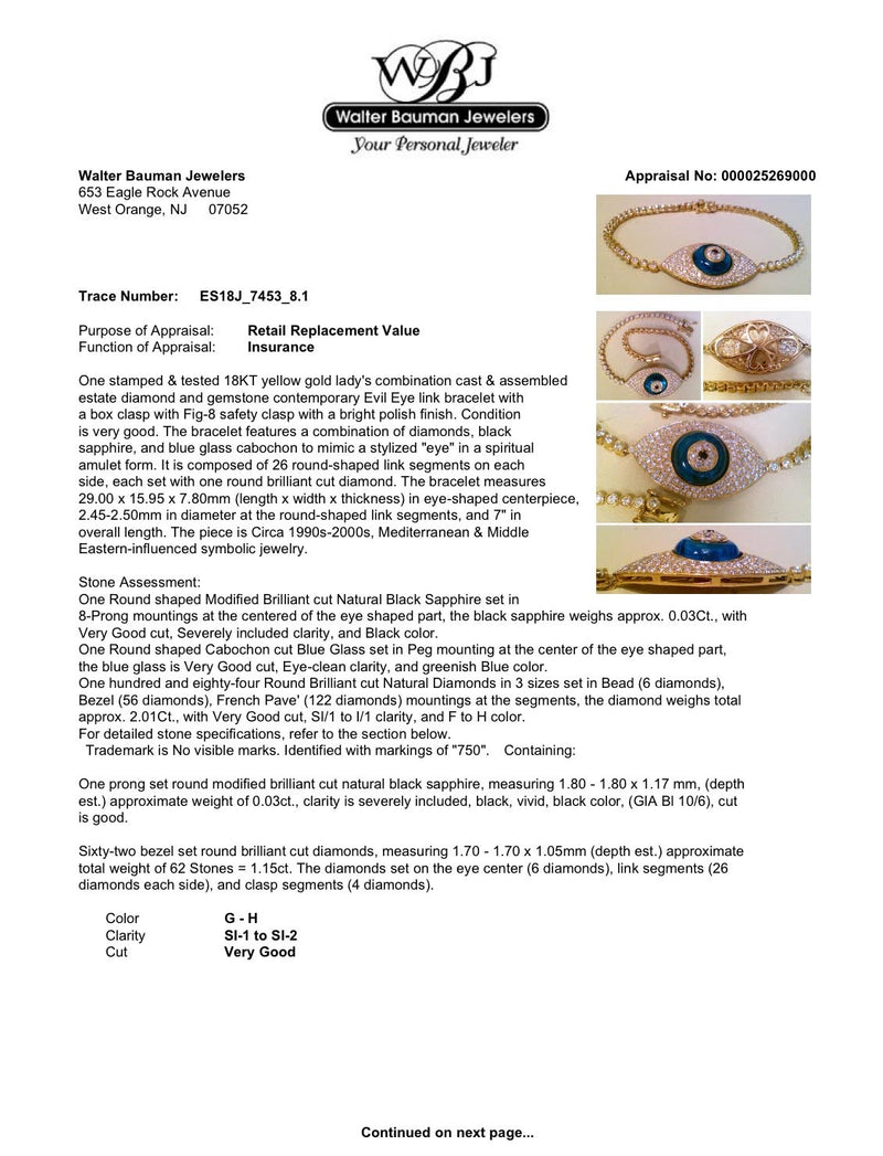 Estate 18K Y Gold 2.04ctw Sapphire & Diamond Evil Eye Bracelet