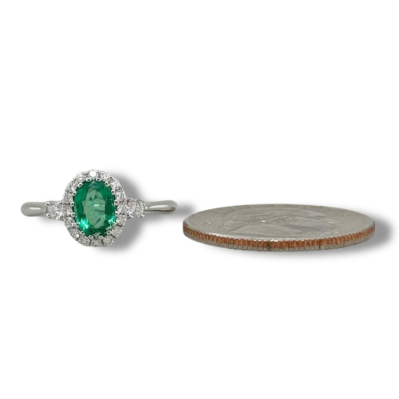 18K W Gold 0.75ct Emerald and 0.25ctw Diamonds H/SI1 Halo Diamond Ring