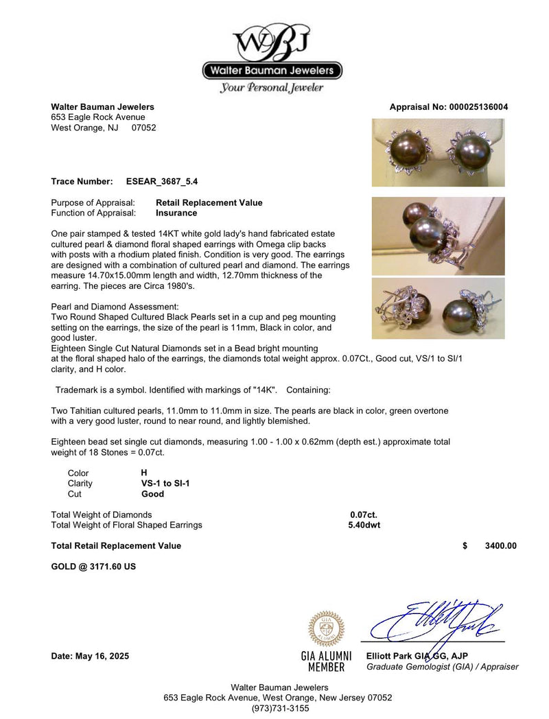 Estate 14K W Gold Tahitian Pearl & Diamond Button Earrings