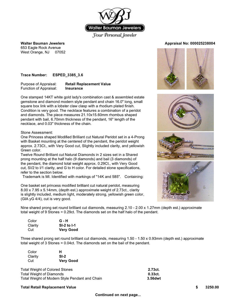 Estate 14K W Gold 2.73ct Peridot & 0.33ctw Diamond Pendant