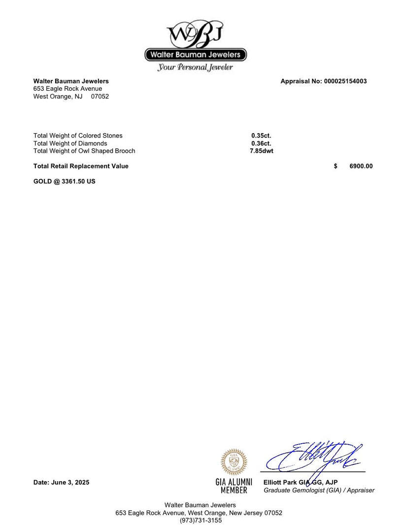 Estate 18K Y Gold 0.35ctw Emerald & 0.36ctw Diamond Owl Pin