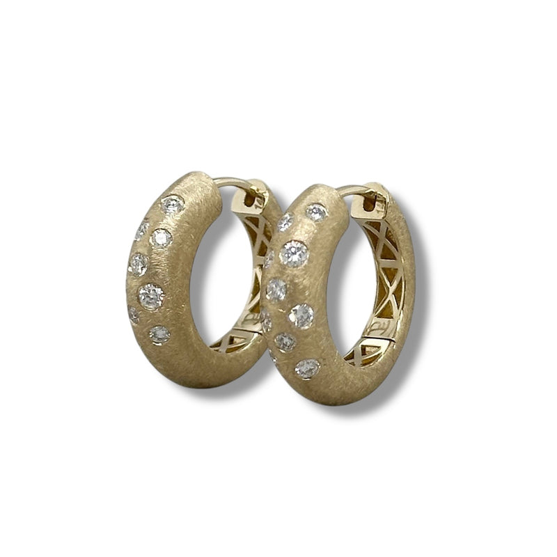 14K Y Gold 0.34ctw G/SI1 Brushed Finish Pave Set Diamond Hoop Earrings