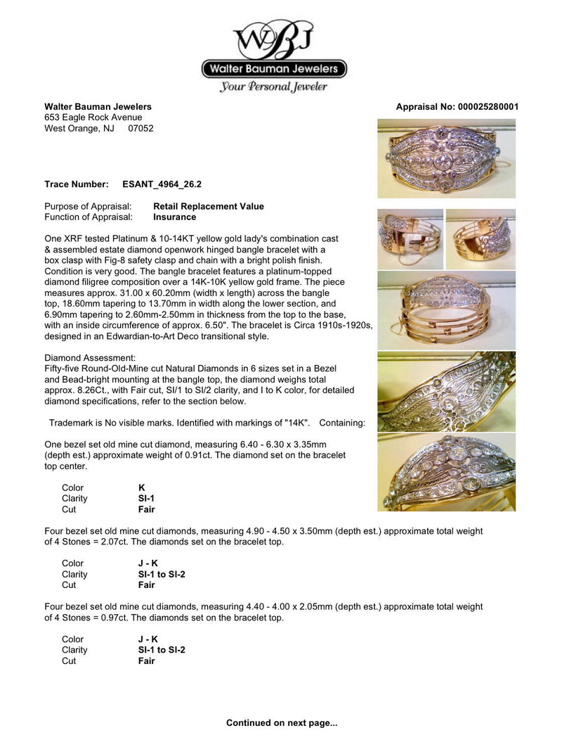 Estate Art Deco Platinum & 14 8.26ctw Diamond Bangle Bracelet