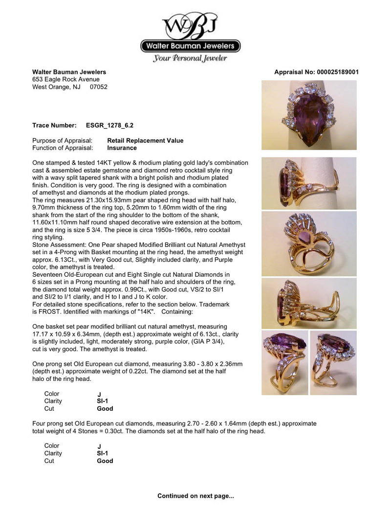 Estate 14K Y Gold 6.13ct Amethyst & 0.99ctw Diamond Ring