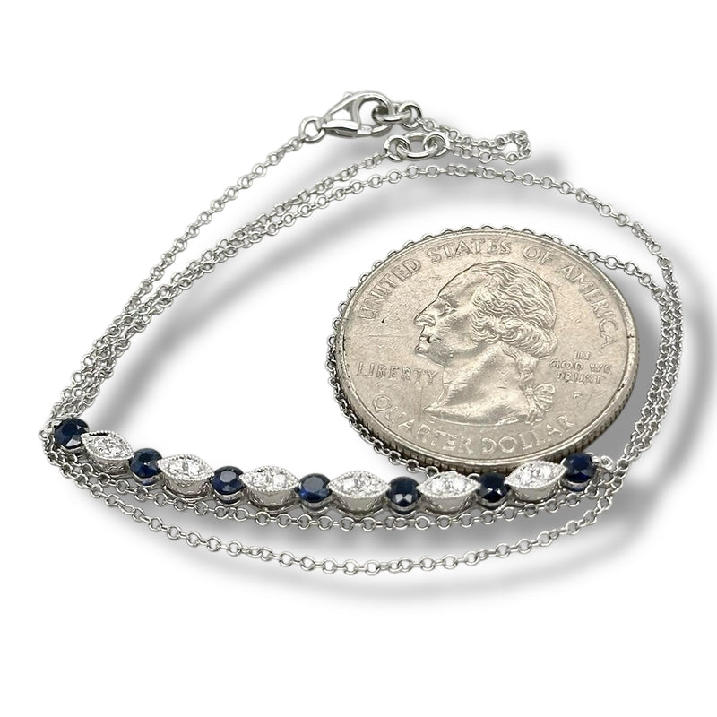 14K W Gold 18" 0.14ctw Diamond and 0.70ctw Sapphires Curved Bar Necklace