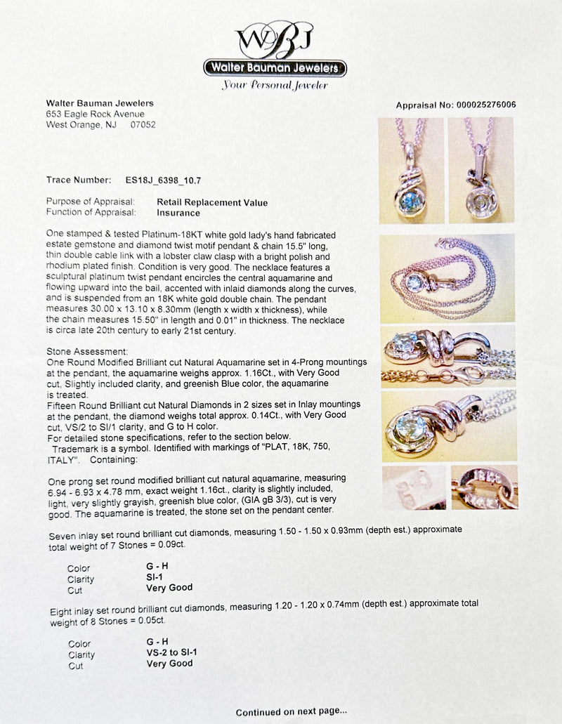Estate Platinum 1.16ct Aquamarine & 0.14ctw Diamond Pendant