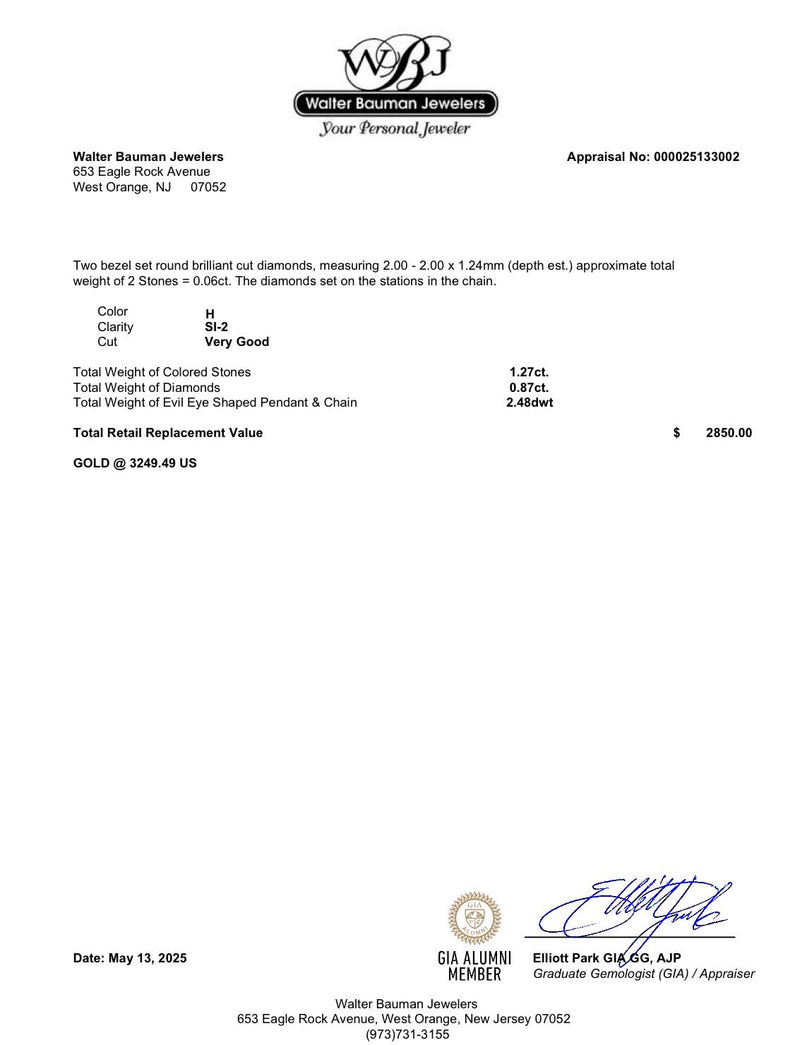 Estate 14K W Gold 1.27ct Turquoise & 0.87ctw Diamond Evil Eye Pendant