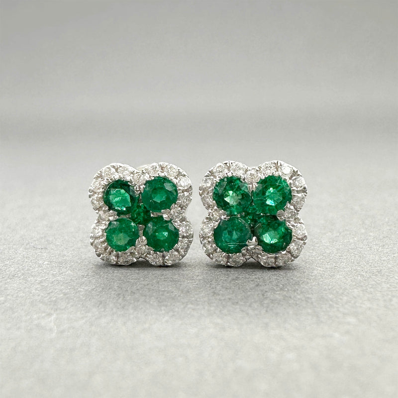 Estate 14K W Gold 0.34ctw Emerald & 0.11ctw Diamond Stud Earrings