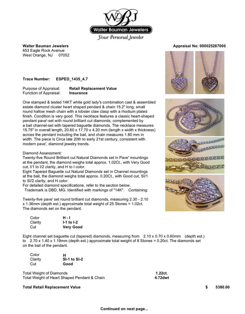 Estate 14K W Gold 1.22ctw H-I/SI1-I2 Diamond Heart Pendant