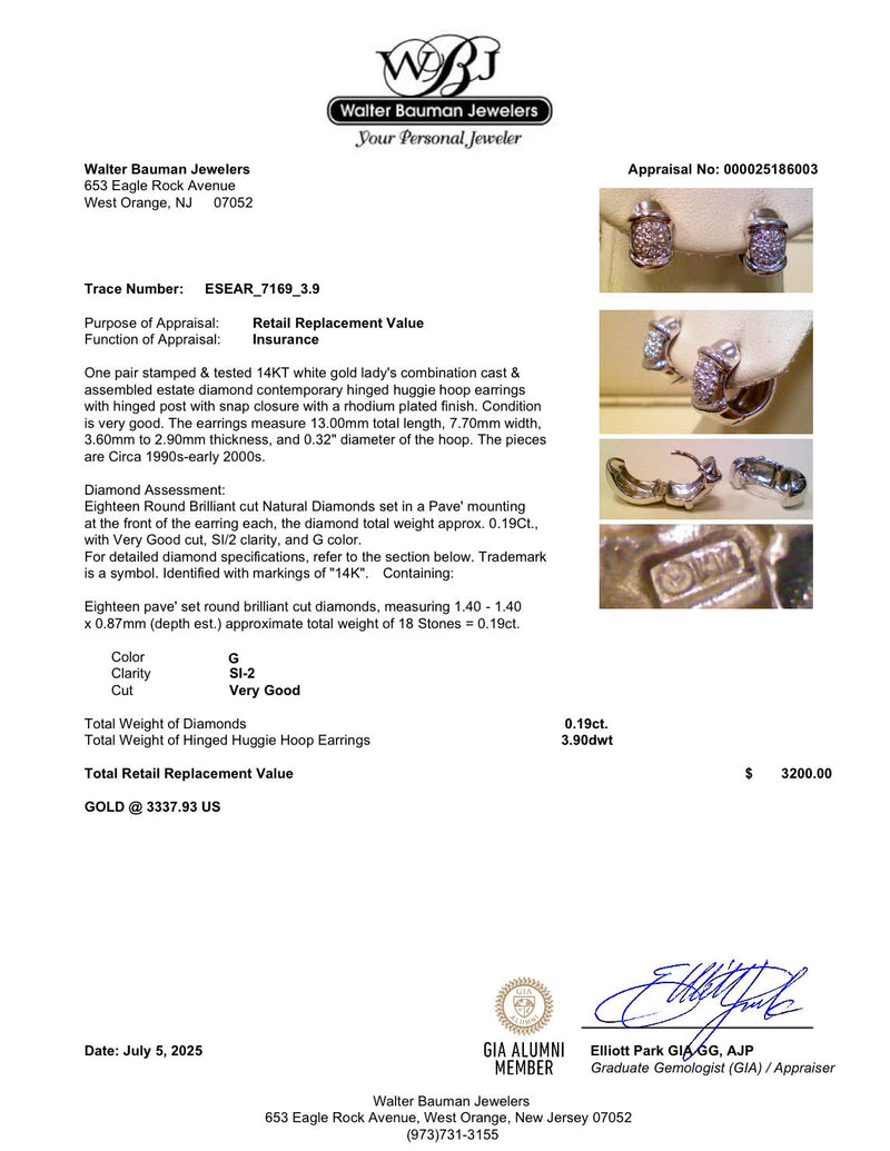 Estate 14K W Gold 0.19ctw Diamond Huggie Earrings