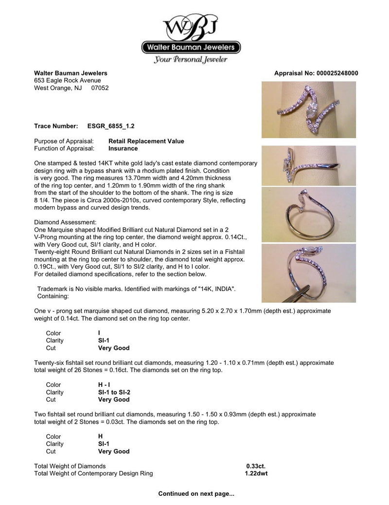 Estate 14K W Gold 0.33ctw Diamond Bypass Ring