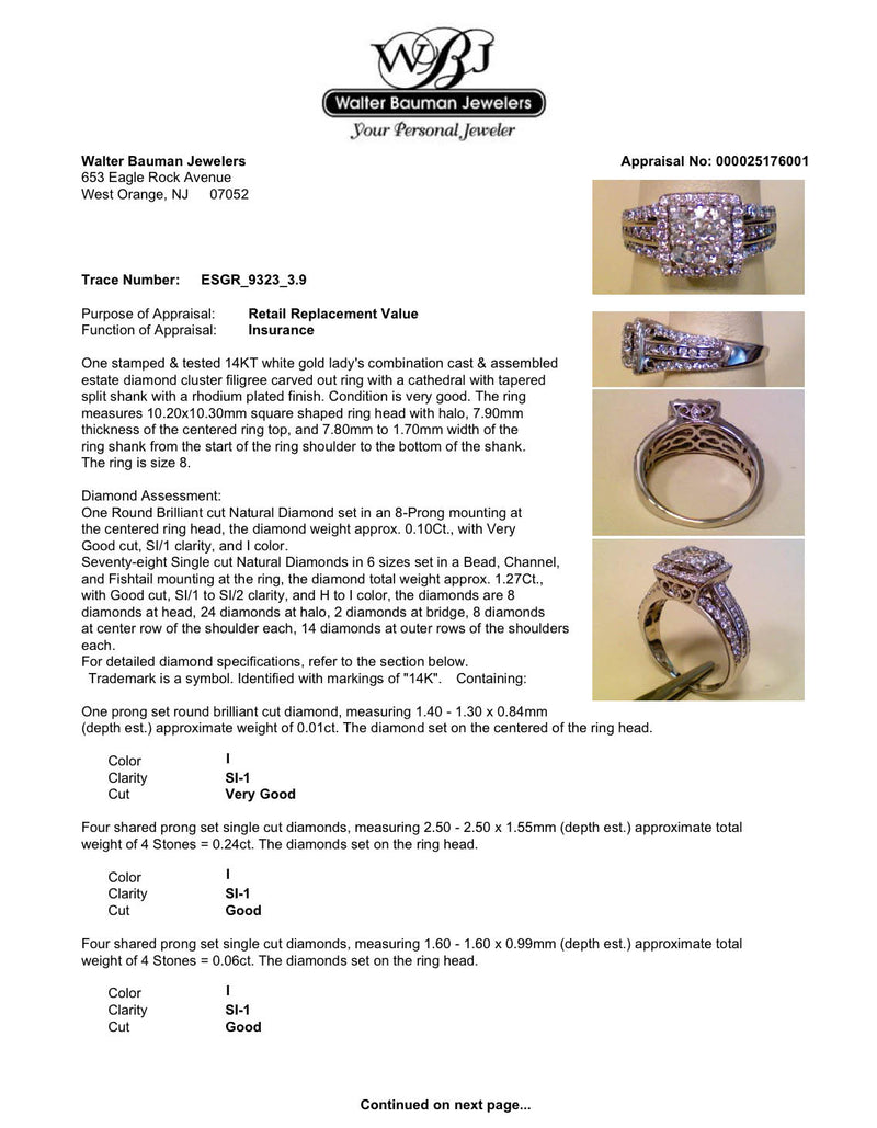 Estate 14K W Gold 1.28ctw Diamond Cluster Eng. Ring