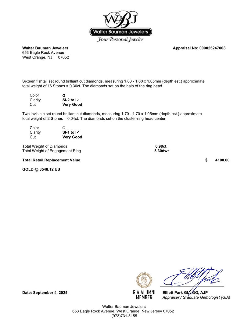 Estate 14K W Gold 0.98ctw Diamond Pear Cluster Ring