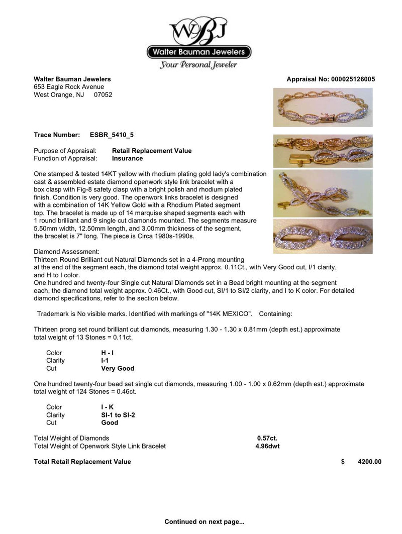 Estate 14K Y Gold 0.57ctw H-K/SI1-I1 Diamond Bracelet