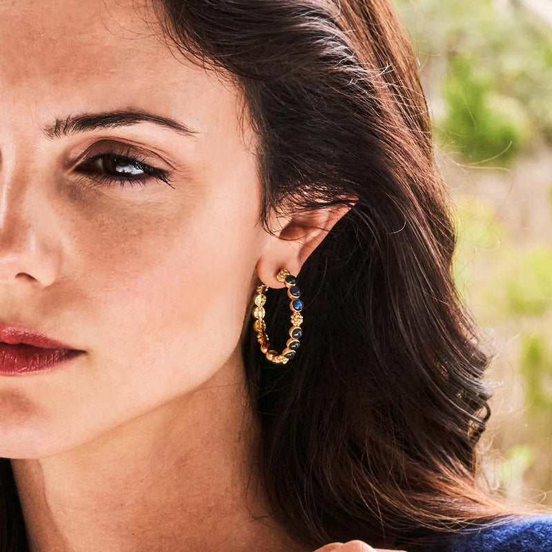 Brass YGP Labradorite Berry Gem Medium Hoop Earrings