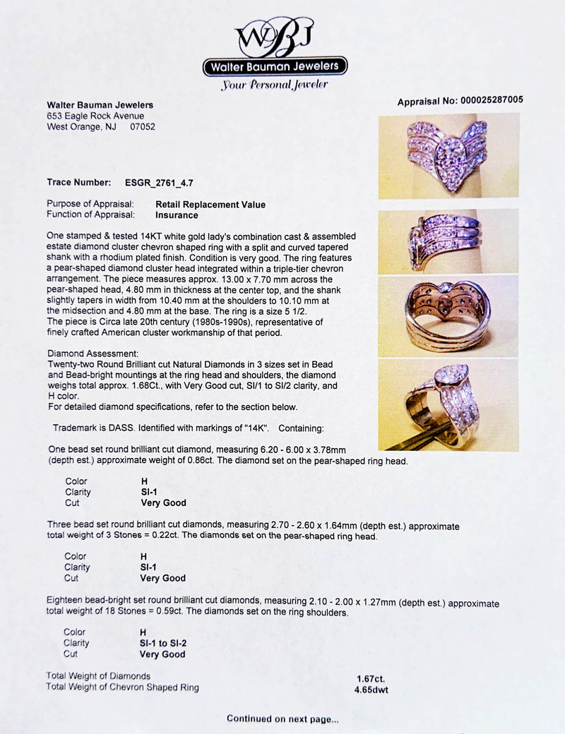 Estate 14K W Gold 1.67ctw H/SI1-2 Diamond Chevron Ring