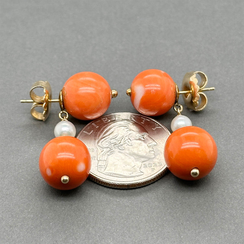 Estate 14K Y Gold 48.64ctw Coral & Pearl Dangle Earrings
