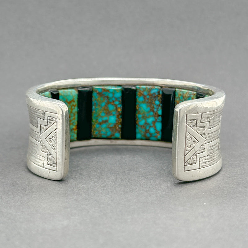 Estate SS Southwest Turquoise & Onyx Cuff Bracelet