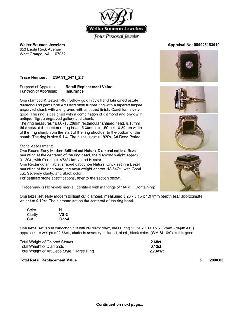 Estate 14K Y Gold Art Deco 2.68ct Onyx & 0.12ct Diamond Ring