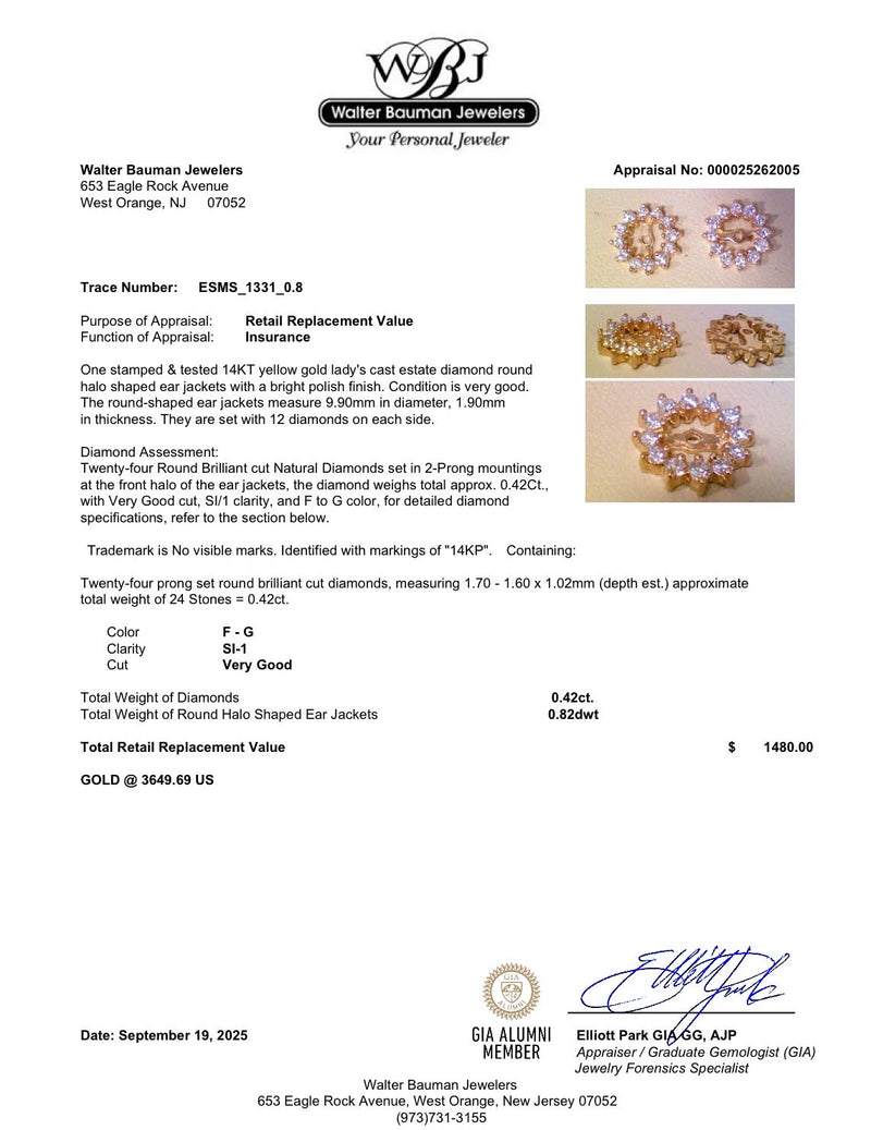 Estate 14K Y Gold 0.42ctw Diamond Earring Jackets