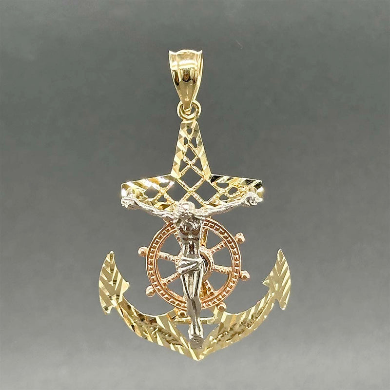 Estate 14K Tricolor Gold Anchor Crucifix Pendant