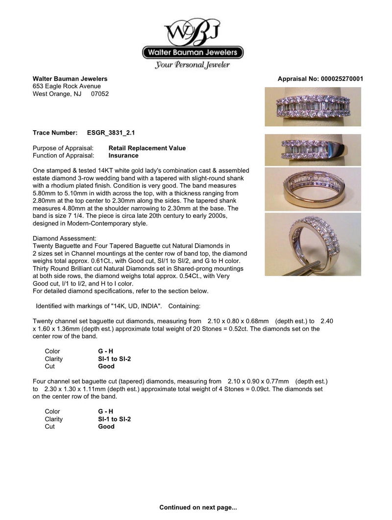 Estate 14K W Gold 1.15ctw Diamond 3 Row Ring