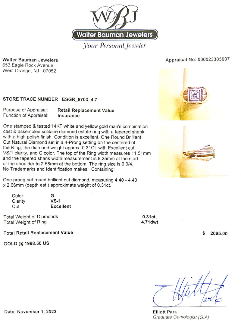Estate 14K TT Gold 0.31ct G/VS1 Diamond Men's Ring - Walter Bauman Jewelers