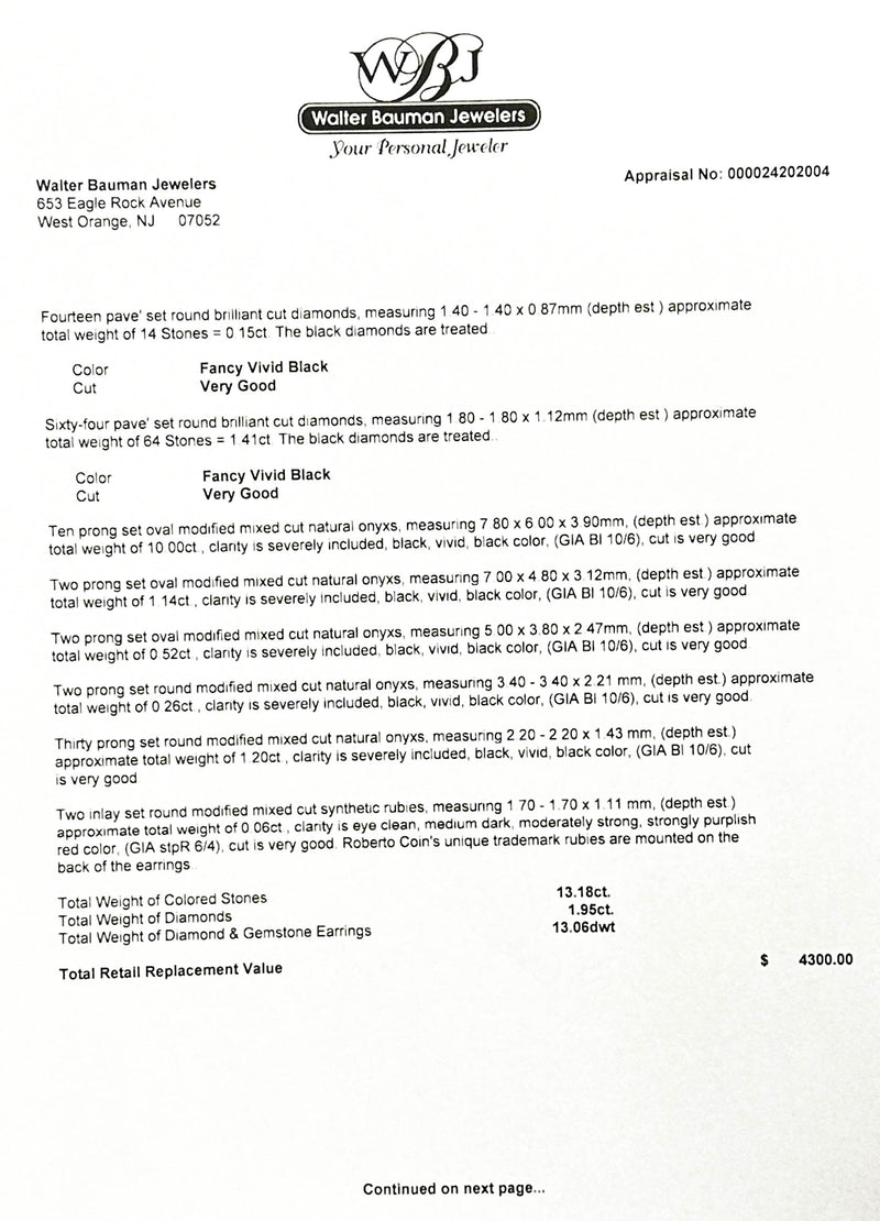 Estate Roberto Coin 18K W Gold 15.13ctw Onyx & Diamond Earrings