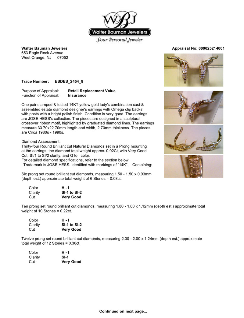 Estate Jose Hess 18K Y Gold 0.92ctw Diamond Earrings