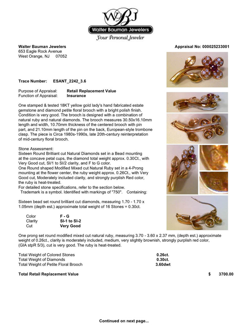 Estate 18K Y Gold 0.26ct Ruby & 0.30ctw Diamond Flower Brooch