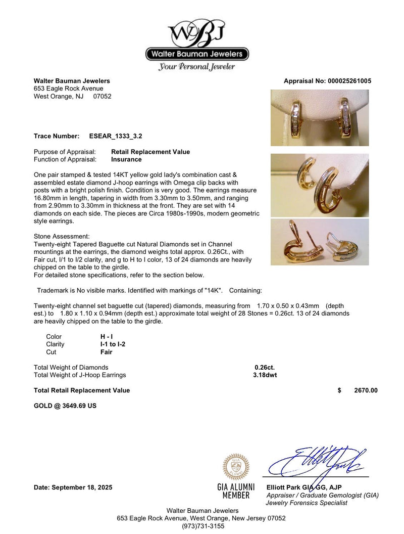 Estate 14K Y Gold 0.26ctw Diamond J Hoop Earrings