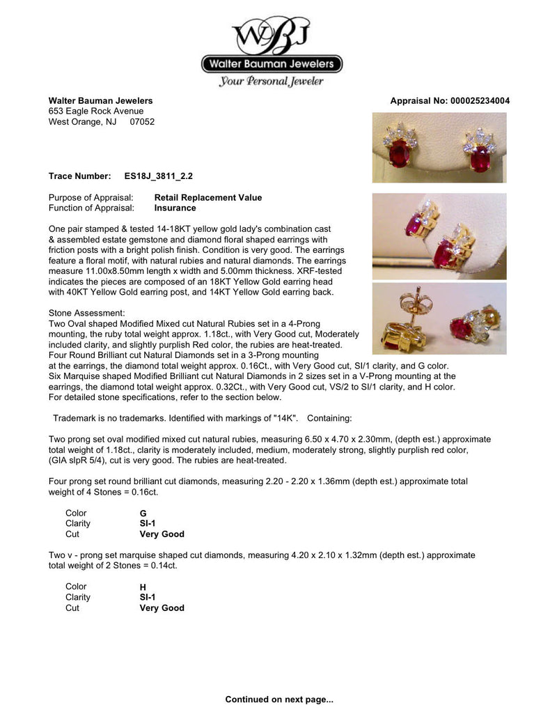 Estate 18K Y Gold 1.18ctw Ruby & 0.48ctw Diamond Stud Earrings