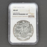 Estate 0.999 Fine Silver 1987 American Silver Eagle NGC MS 69 d