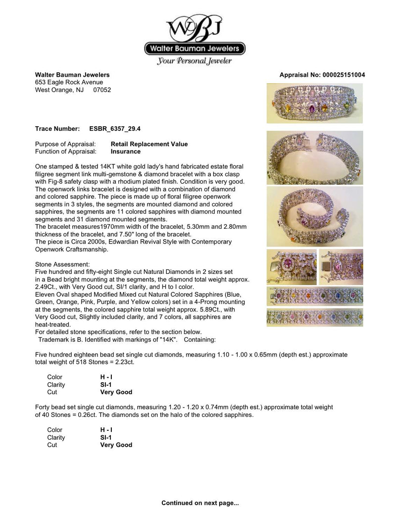 Estate 14K W Gold 5.89ctw Sapphire & 2.49ctw Diamond Bracelet