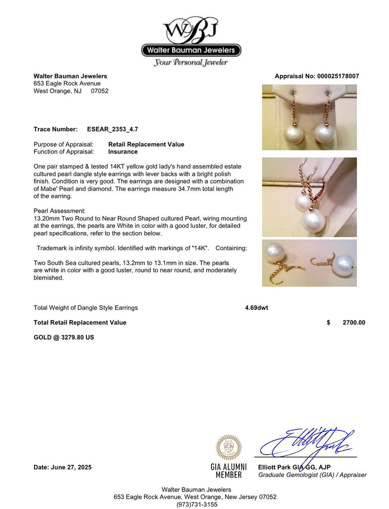 Estate 14K Y Gold South Sea Pearl Dangle Earrings