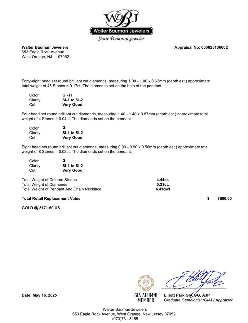 Estate 18K W Gold 4.44ct Tanzanite & 0.31ctw Diamond Pendant