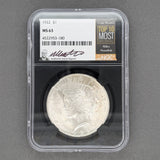 Estate 0.900 Silver 1922 Miles Standish Signed Peace Dollar MGC MS 63