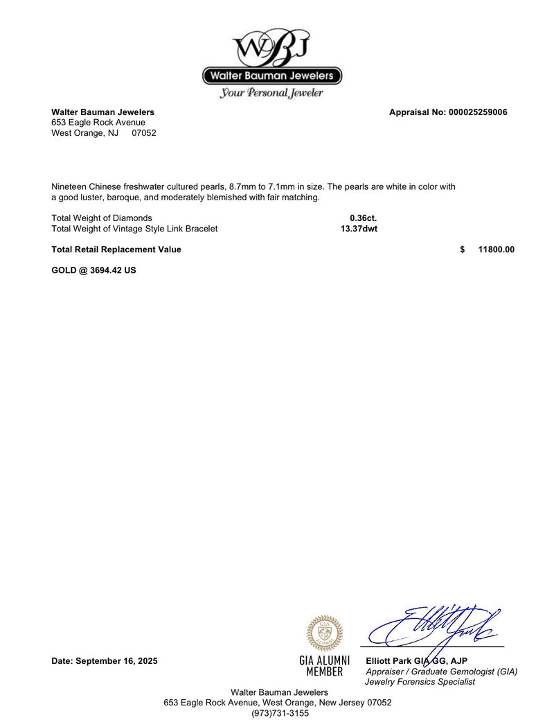 Estate 18K Y Gold Freshwater Pearl & 0.36ctw Diamond Bracelet