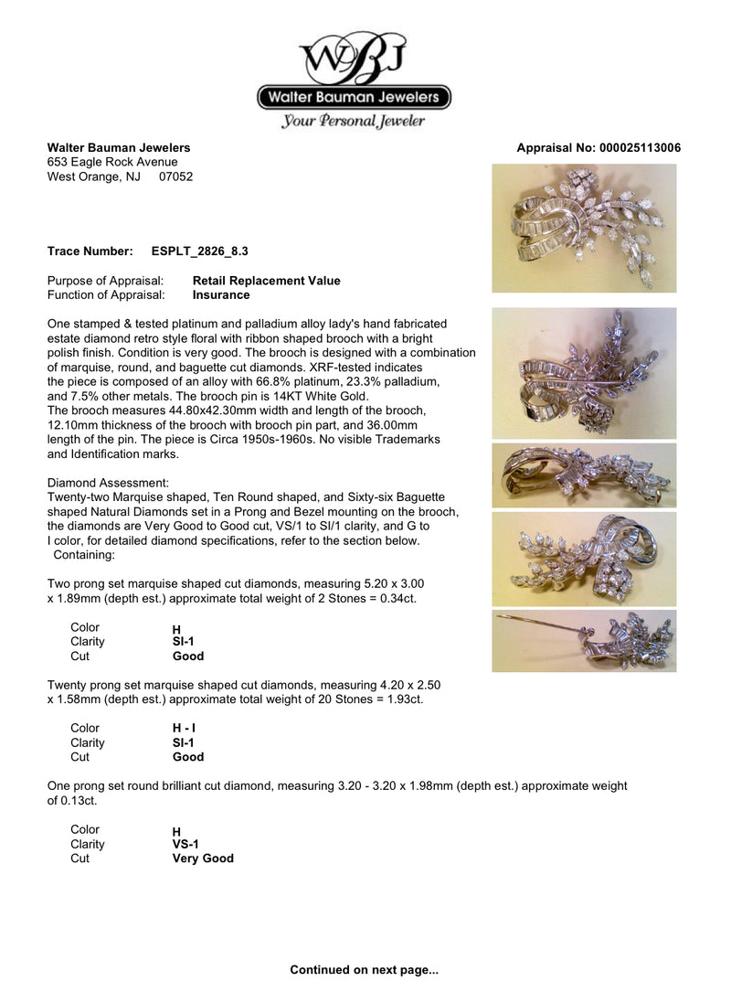 Estate Retro Platinum 5.58ctw Diamond Brooch