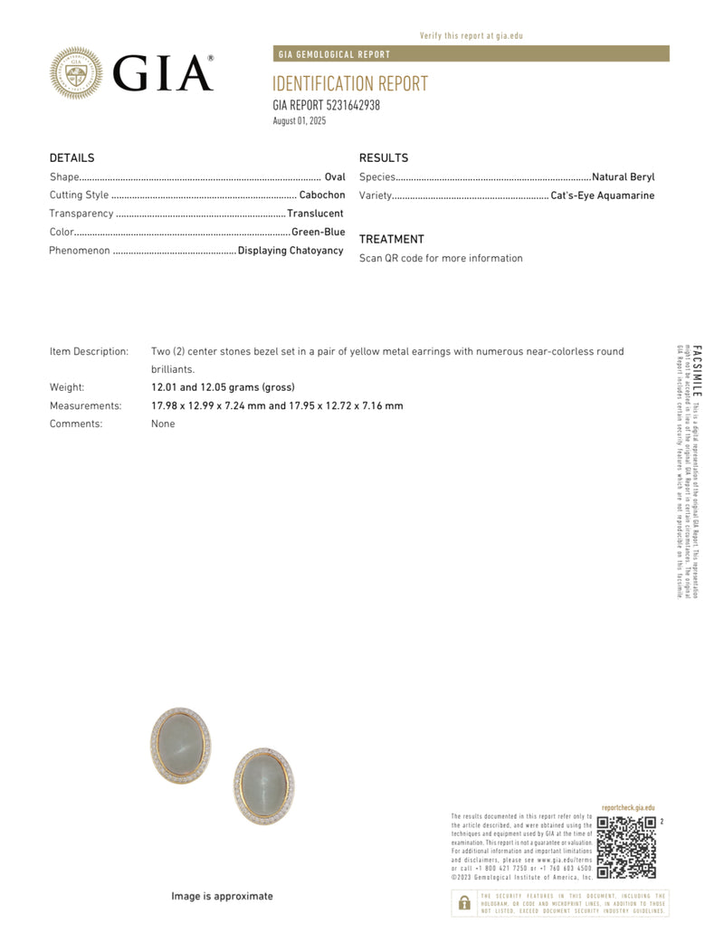 Estate David Yurman 18K Y Gold 19.39ctw Cat's Eye Aquamarine & Diamond Earrings GIA