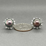 Estate 14K W Gold Tahitian Pearl & Diamond Button Earrings