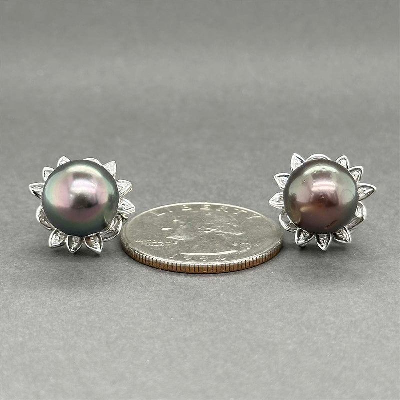 Estate 14K W Gold Tahitian Pearl & Diamond Button Earrings