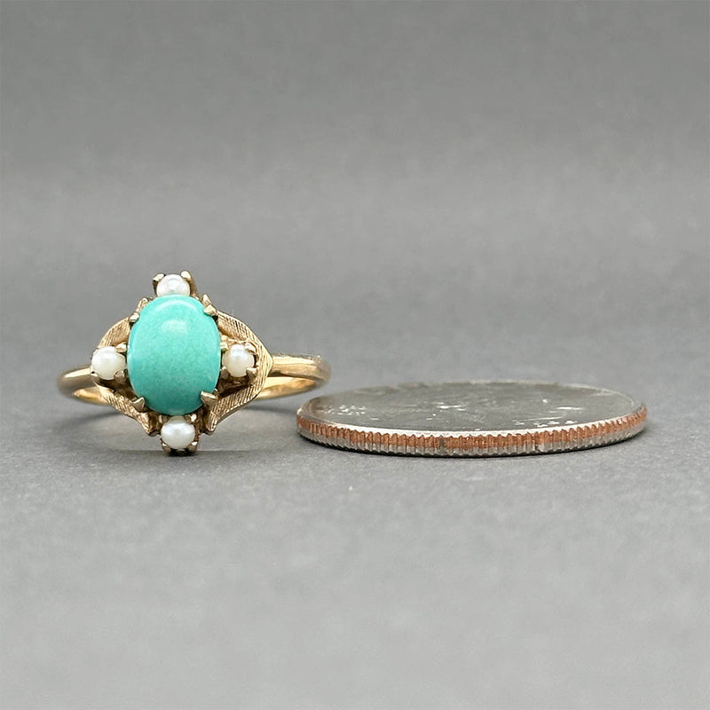 Estate 10K Y Gold Pearl & 1.80ct Turquoise Ring