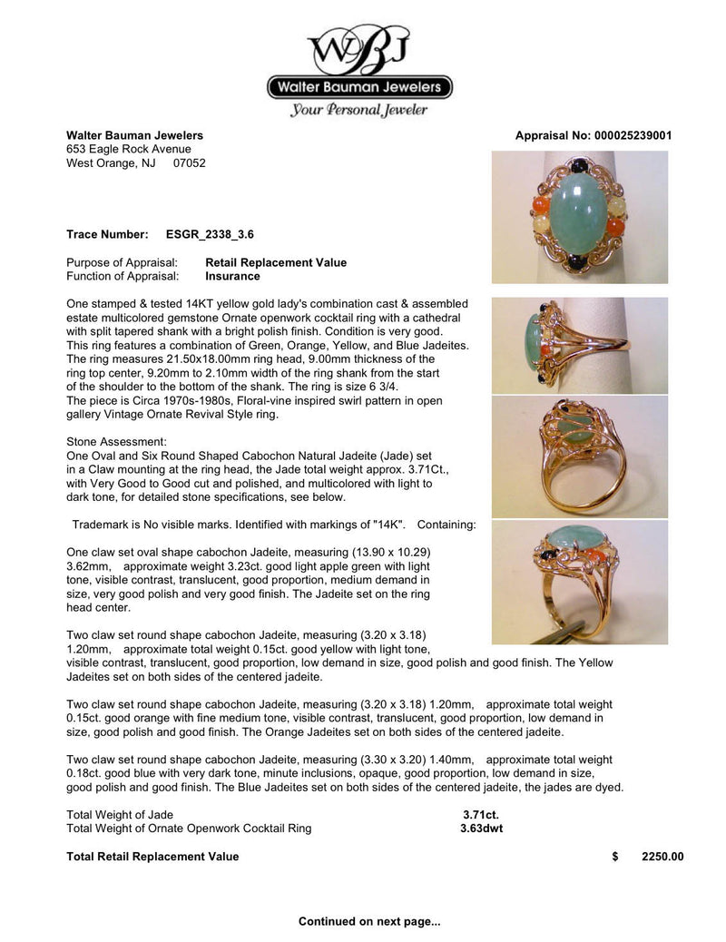 Estate 14K Y Gold 3.71ctw Jadeite Ring