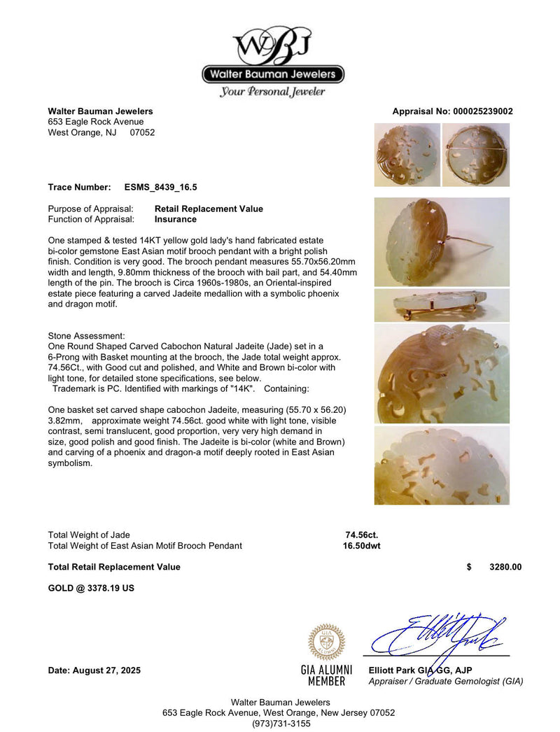 Estate 14K Y Gold 74.56ct Carved Jadeite Brooch