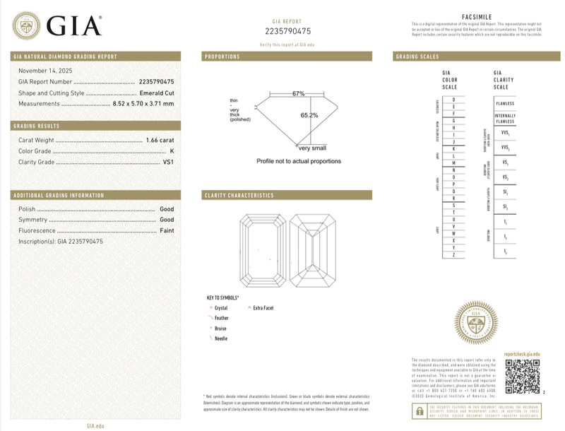 Estate 1.66ct K/VS1 Emerald Cut Diamond GIA