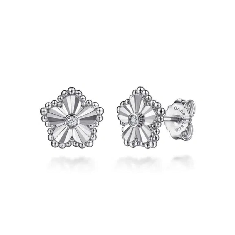 SS 0.03ctw Diamond Beaded Frame Flower Dia Cut Stud Earrings