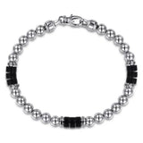 SS Men's 8" 6mm Ball and Onyx Cylinder Beaded Bracelet