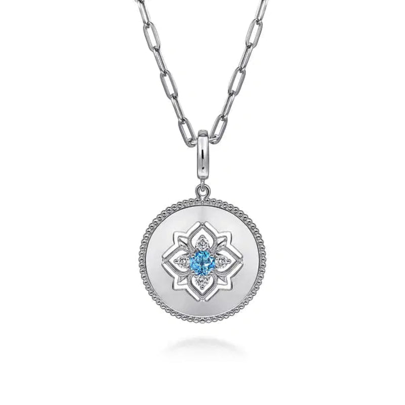 SS 24mm 0.47ctw Blue Topaz and 0.29ctw White Sapphire Medallion Pendant