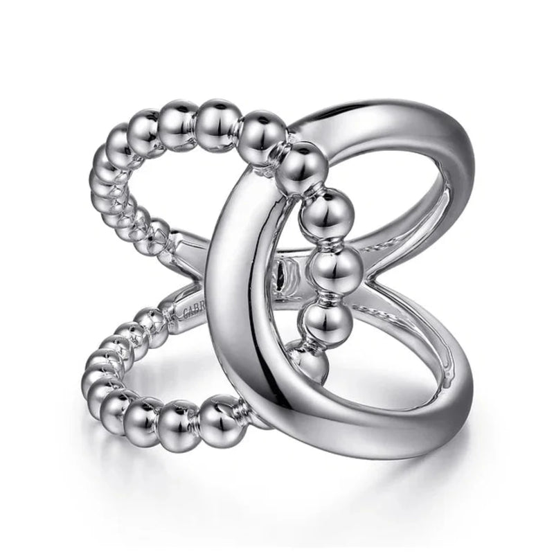 SS  Interlocking Wide Band Beaded Ring